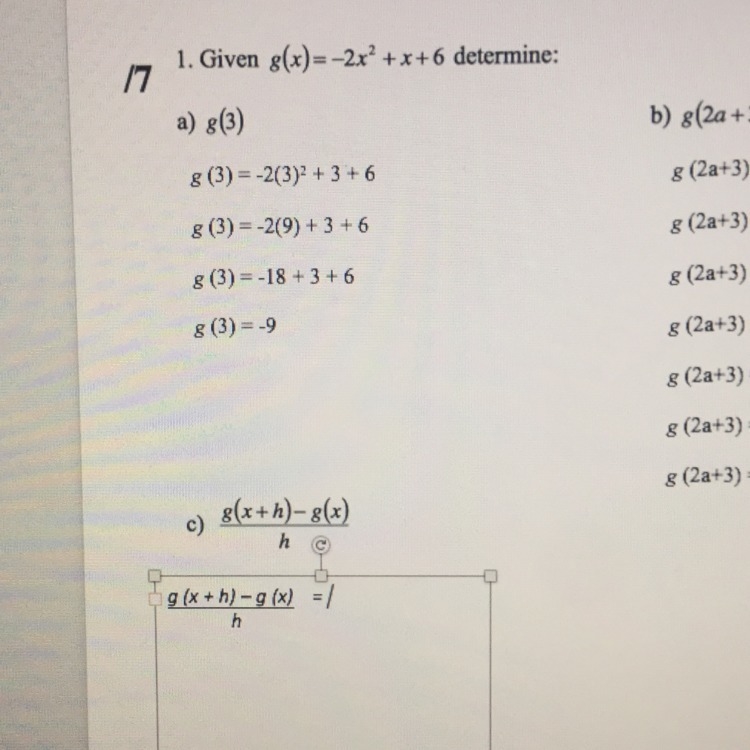 Given g(x) = -2x^2 + x + 6 determine: [g(x+h) - g(x)] / h-example-1