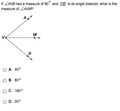 EASY GEOMETRY QUESTION FOR 20 PTS! If angle AVB has a measure of 80 degrees and VM-example-1