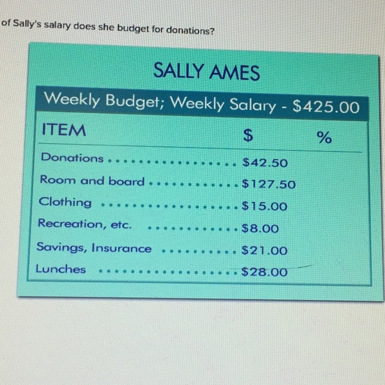 What percent of sallys salary does she budget for donations? -1 -3 -10 -33-example-1