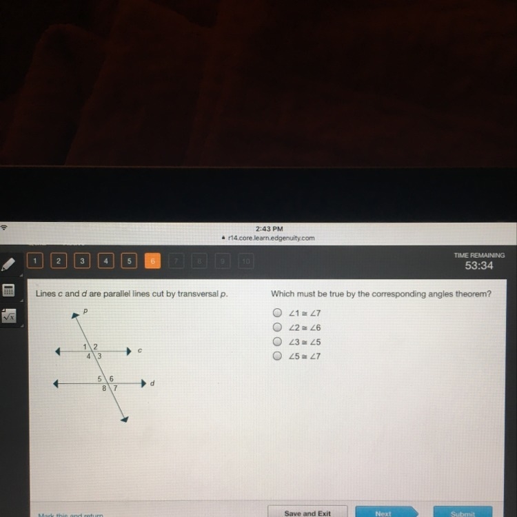 Lines c and d are parallel lines cut by transversal p. Which much be true by the corresponding-example-1