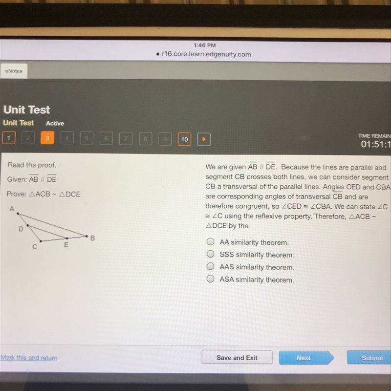 We are given AB // DE. Because the lines are parallel and segment CB crosses both-example-1