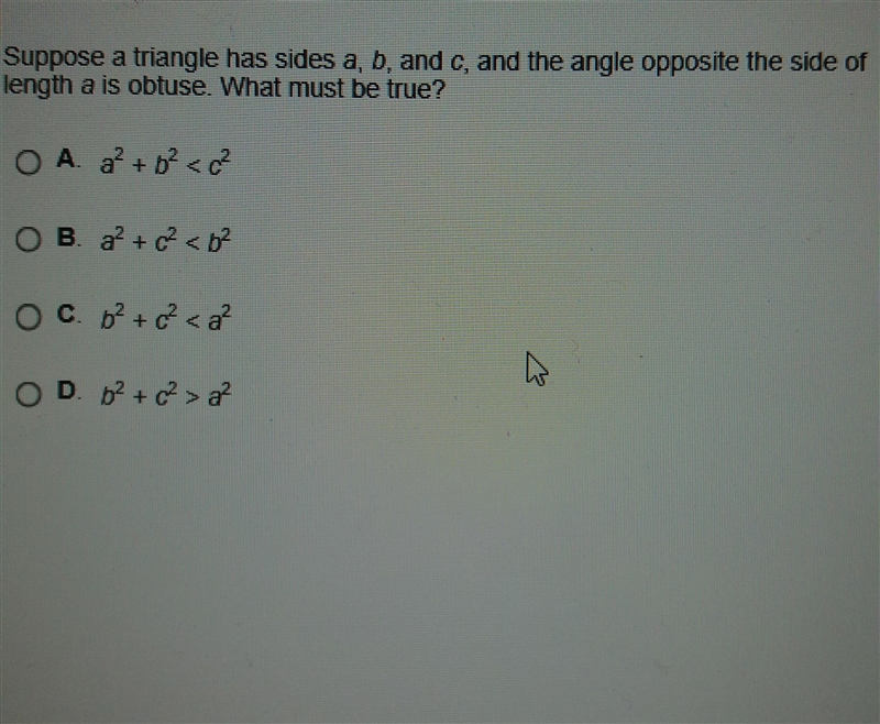 Suppose a triangle has sides a b and c and the angle opposite the side of length a-example-1