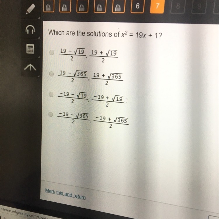 Help!!! which are the solutions of the quadratic equation? x^2=19x + 1-example-1