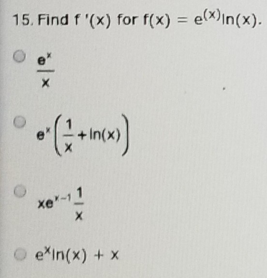 Find f'(x) for f(x)=e^(x)ln(x)-example-1