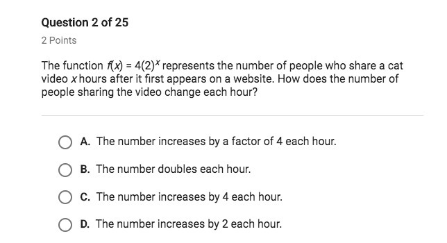 NEED HELP The function f(x) = 4(2)^x represents the number of people who share a cat-example-1