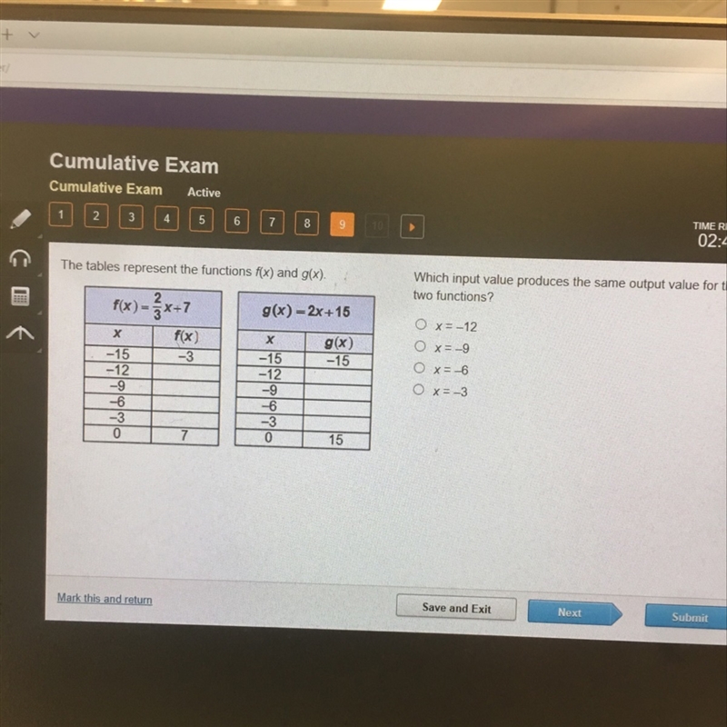 PLEASE HELP What input value produces the same output value for the two functions-example-1