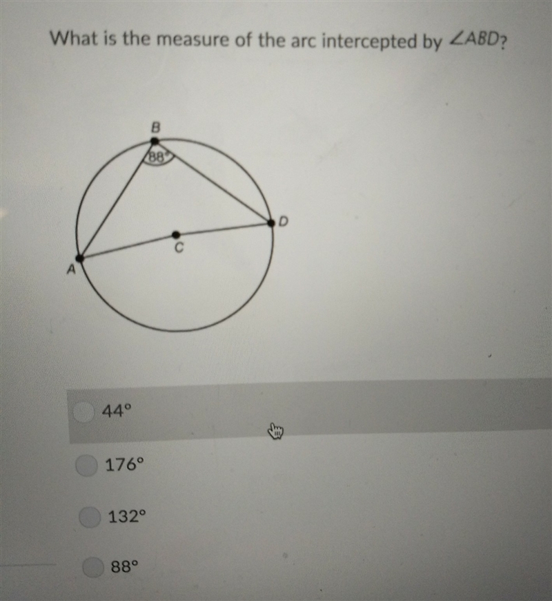 What is the measure of the arc intercepted by abd-example-1