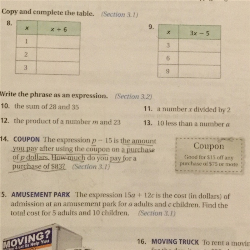 #14 please The expression P -15 is the amount you pay after using the coupon on a-example-1