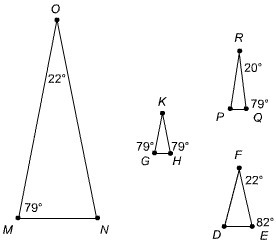 Which triangle is ​△MNO​ similar to and why? △MNO is similar to △GHK by ​ AA Similarity-example-1