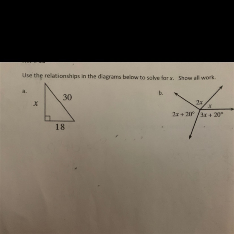 Use the relationship in the diagrams below to solve for x. Show all work.-example-1