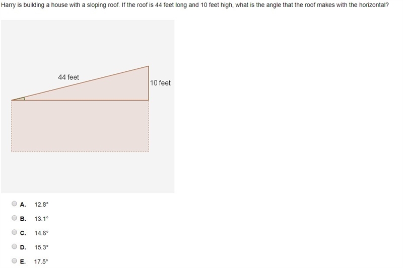 Harry is building a house with a sloping roof. If the roof is 44 feet long and 10 feet-example-1