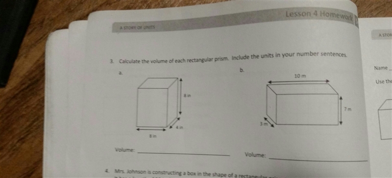 Calculate the volume of each rectangular prism. include the unit in your number sentence-example-1