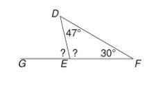 What is the measure of ∠DEG? A) 133° B) 103° C) 77° D) 67°-example-1