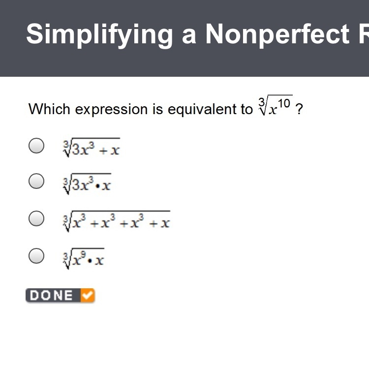 What expression is equivalent to ^3 square root of x^10 help-example-1