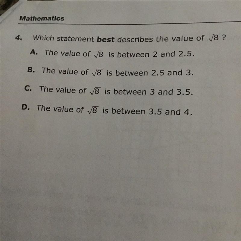 Which statement best describes the value of the square root of 8-example-1