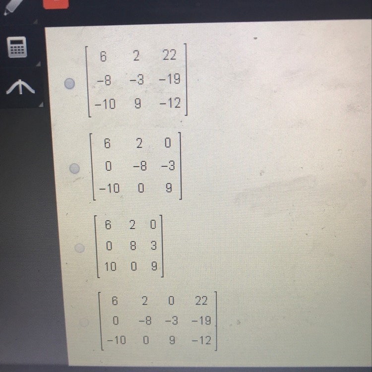 What is a coefficient matrix for the system of linear equations? 6a+2b=22 -8b-3c=-19 -10a-example-1