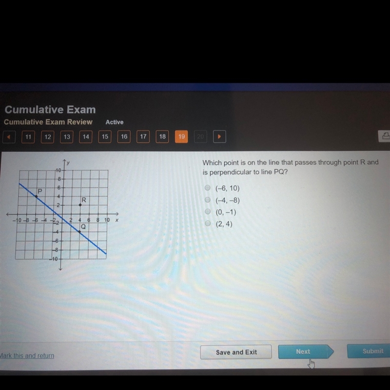 Which point is on a line that passes through point R and is perpendicular to line-example-1