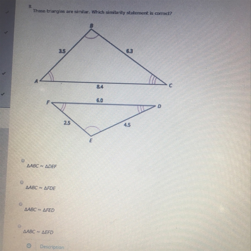 These triangles are similar which similarity statement is correct-example-1