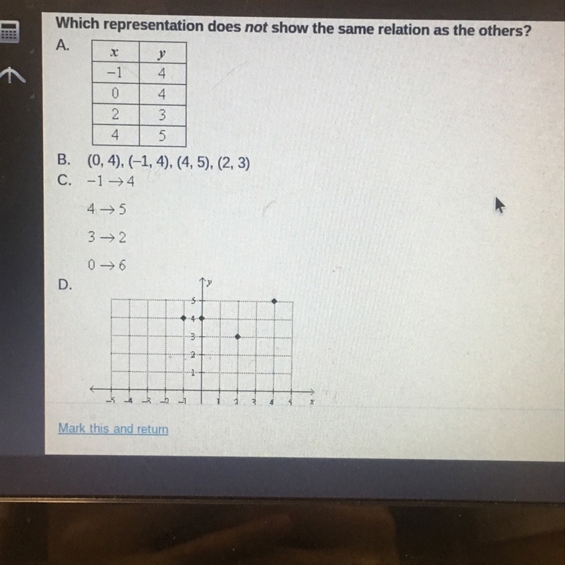 PLS HELP ASAP! which representation does NOT show the same relation as the others-example-1