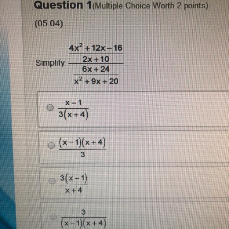 PLEASE HELP QUICK simplify (4x^2+12x-16/2x+10)/(6x+24/x^2+9x+20)-example-1