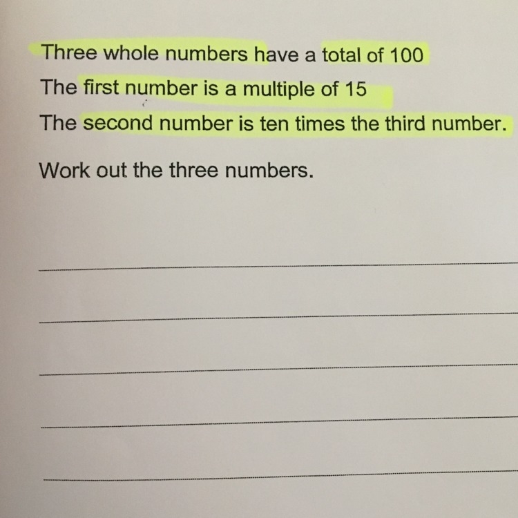 Three whole numbers have a total of 100 The first number is a multiple of 15 The second-example-1