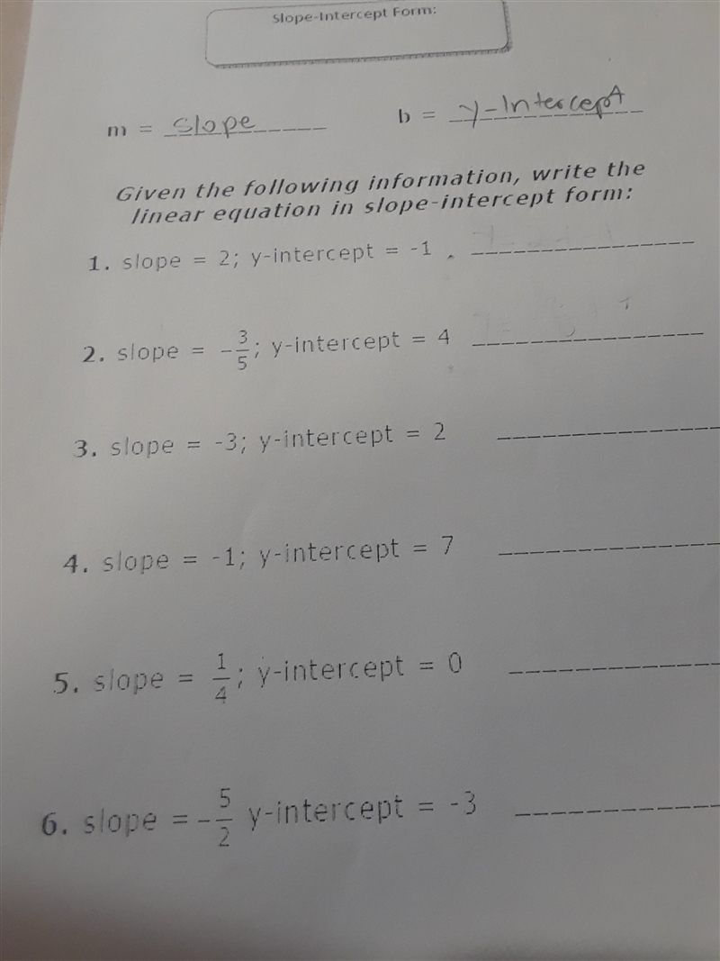 Write down the linear equation in slope intercept form-example-1