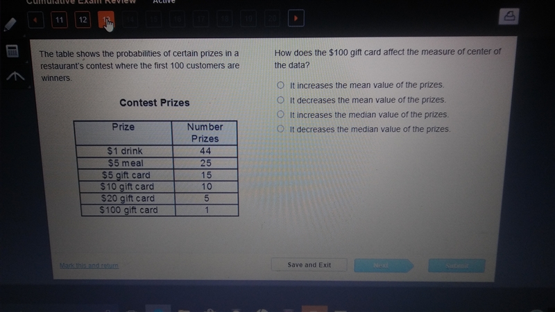 How does $100 gift card affect the measure of center of the data? Attachment-example-1