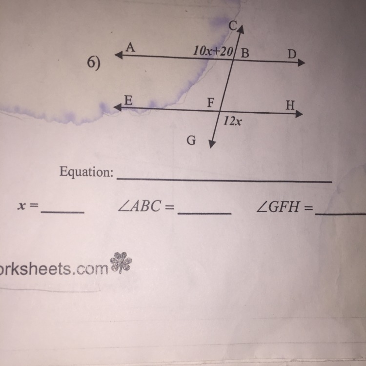 I need to find the equation, the x value and angles abc and gfh.-example-1