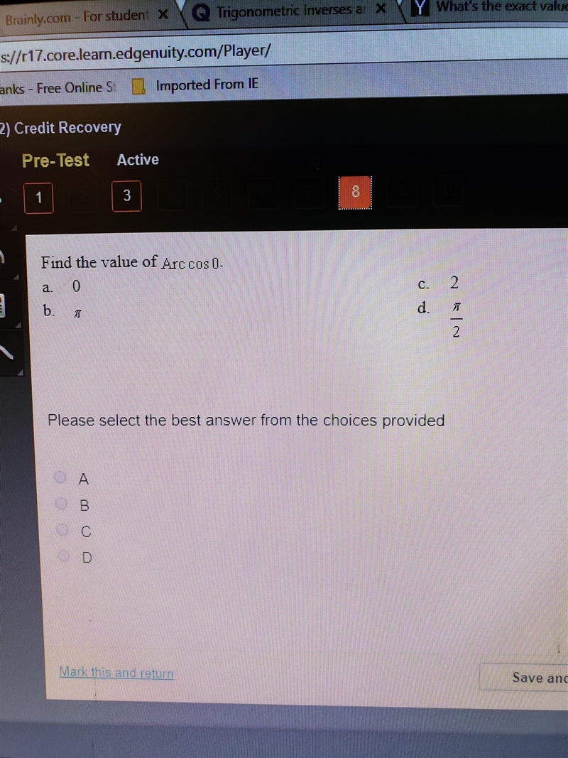 Find the value of Arc cos 0-example-1