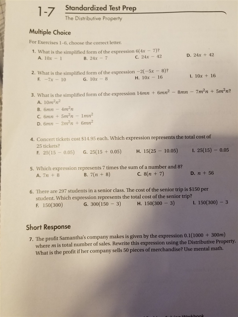 What is the simplified form of the expression 6(4× - 7)-example-1