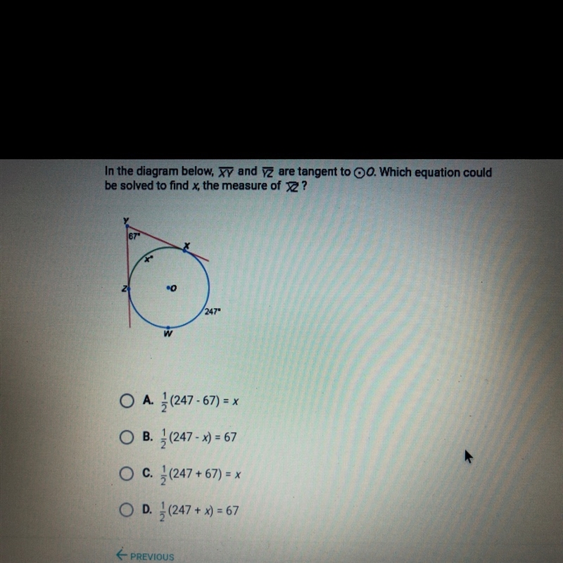 In the diagram below xy and yz are tangent to 0 which equation could be solved to-example-1