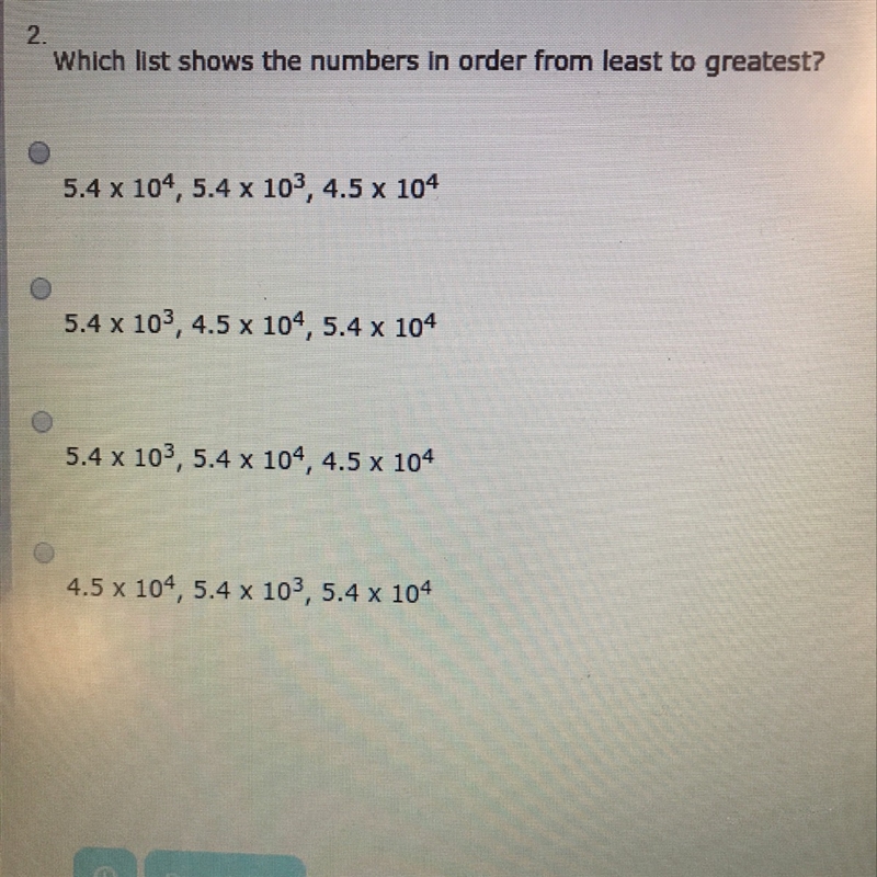 Which list shows the numbers in order from least to greatest-example-1