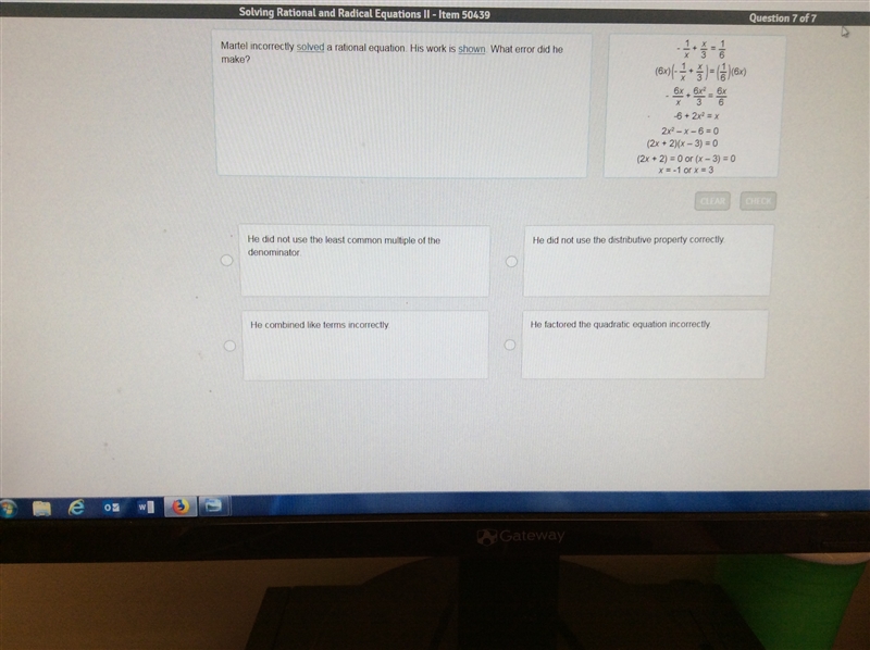 Martel incorrectly solved a rational equation. His work is shown. What error did he-example-1