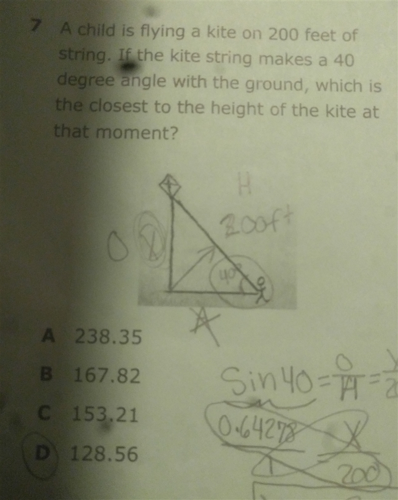 A child is flying a kite on 200 feet of string. If the kite string makes a 40 degree-example-1