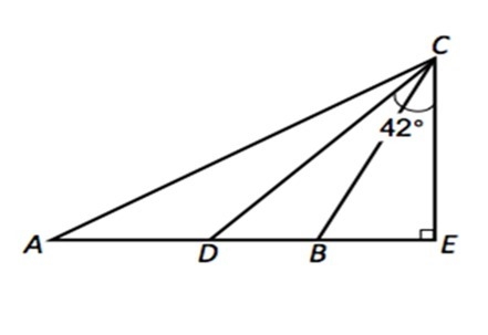 In the figure below, CD bisects m∠ACB, AB=BC, m∠BEC=90°, and m∠DCE=42°. Find the measure-example-1