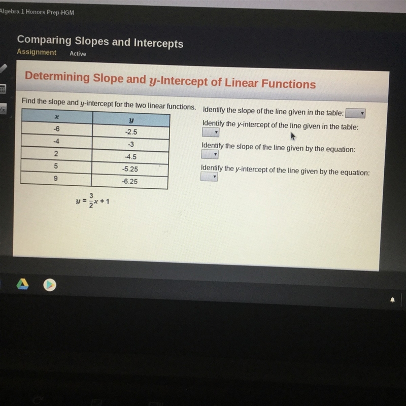 1) Identify the slope of the given line -4 -1/4 1/4 4 2)Identify the y-intercept of-example-1