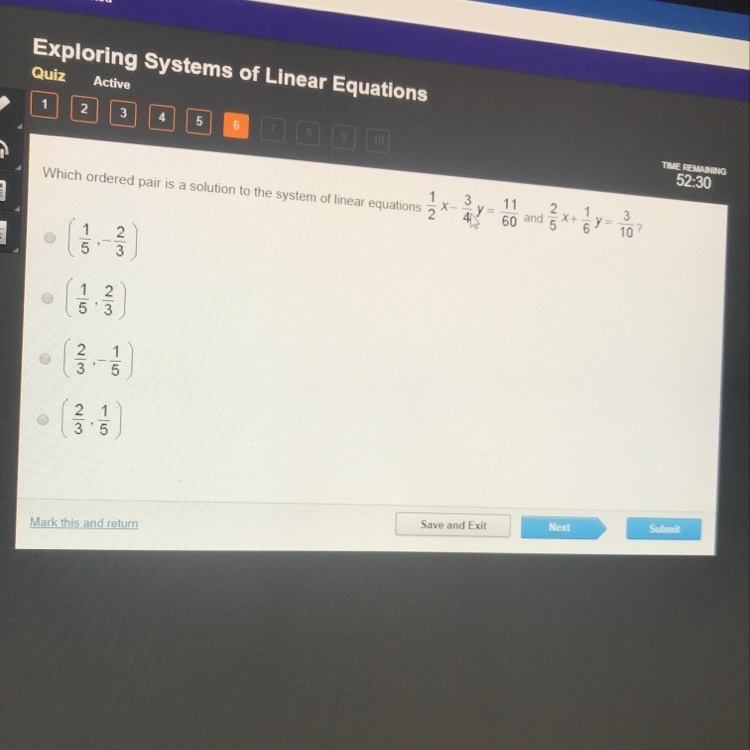 Which ordered pair is a solution to the system of linear equations 1/2x-3/4y=11/60 and-example-1