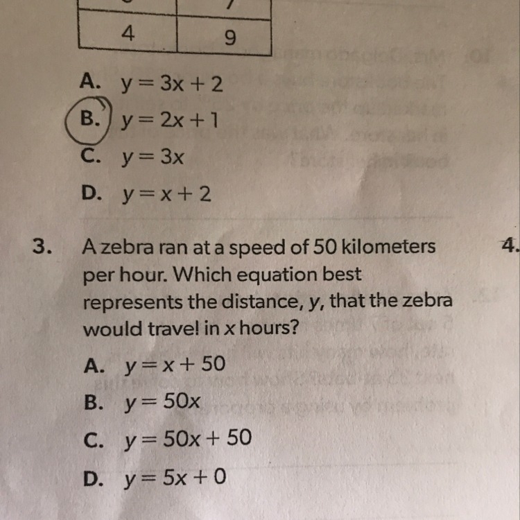 A zebra ran at a speed of 50 kilometers per hour. Which equation best represents the-example-1