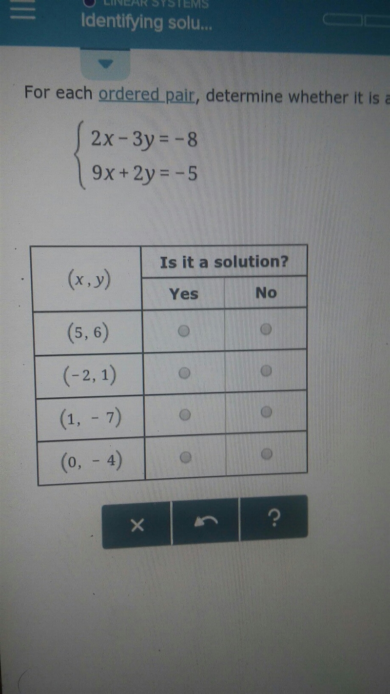 For each of the order pair, determine whether it is a solution to the system of the-example-1