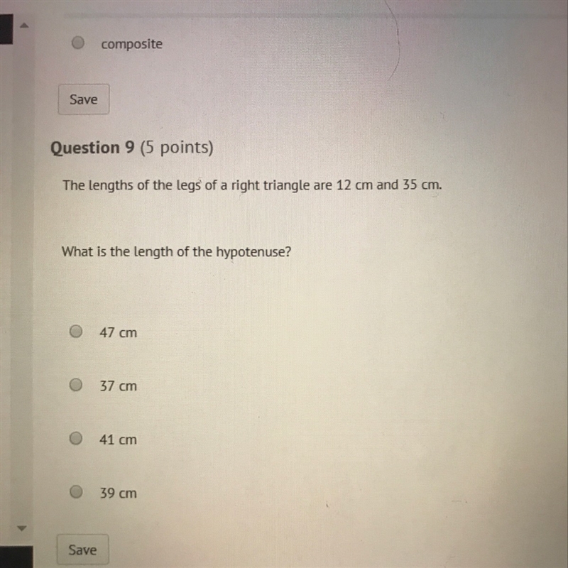 The lengths of the legs of a right triangle are 12cm and 35cm. what is the length-example-1