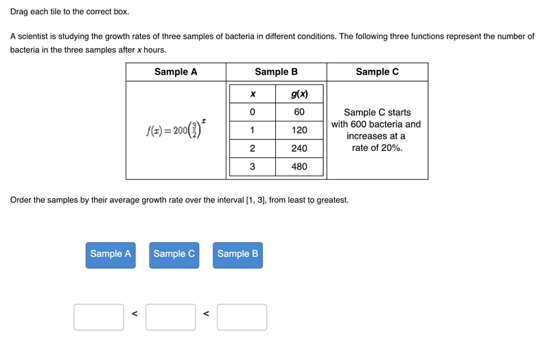 Drag each tile to the correct box. A scientist is studying the growth rates of three-example-1