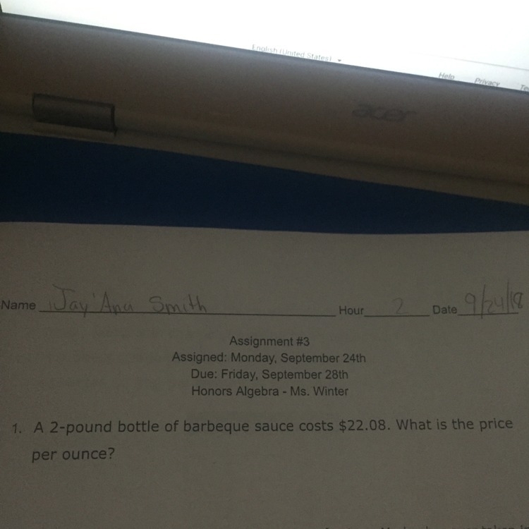 A 2 pound bottle of barbeque sauce cost $22.08.what is the price per ounce ?-example-1