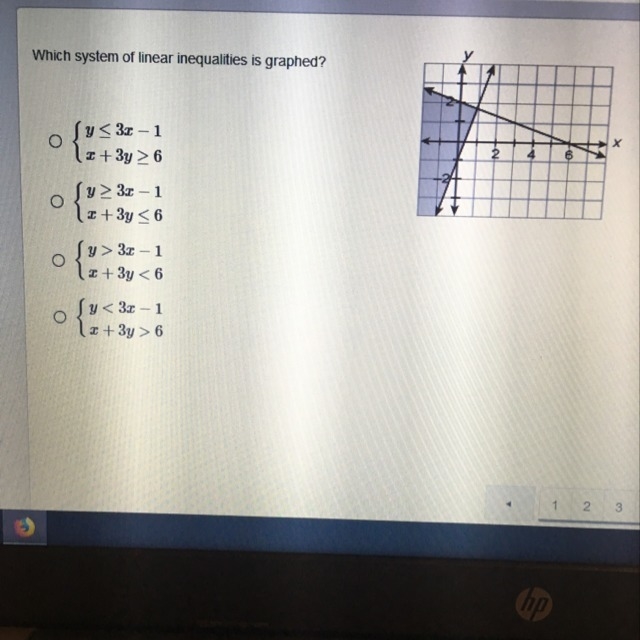 Which system of linear inequalities is graphed?-example-1