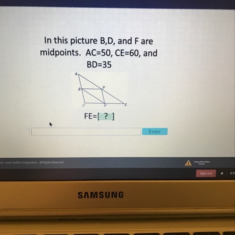 In this picture B, D and F are midpoints. AC=50, CE=60, and BD=35-example-1