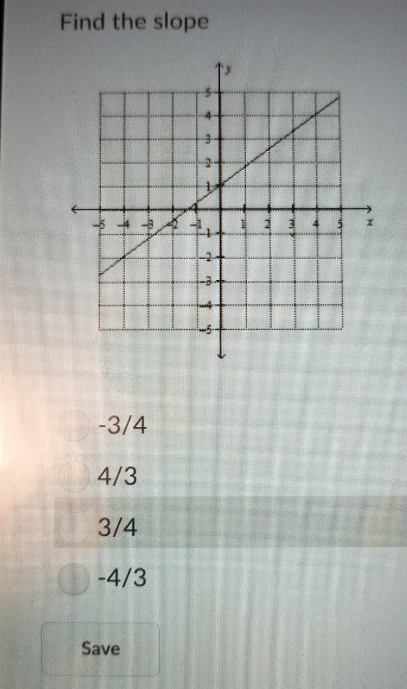 HELP PLEASE!!! fine the slope. (a) -3/4 (b) 4/3. (c) 3/4 (d) -4/2-example-1