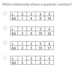 Which relationship shows a quadratic equation?-example-1