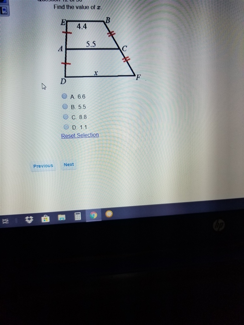 Find the value of x. a. 6.6 b. 5.5 c. 8.8 d. 1.1-example-1