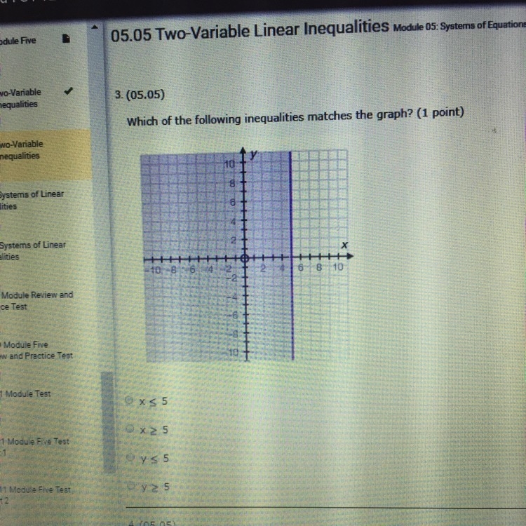 Which of the following inequalities matches the graph? Answers: X < 5 X > 5 Y-example-1