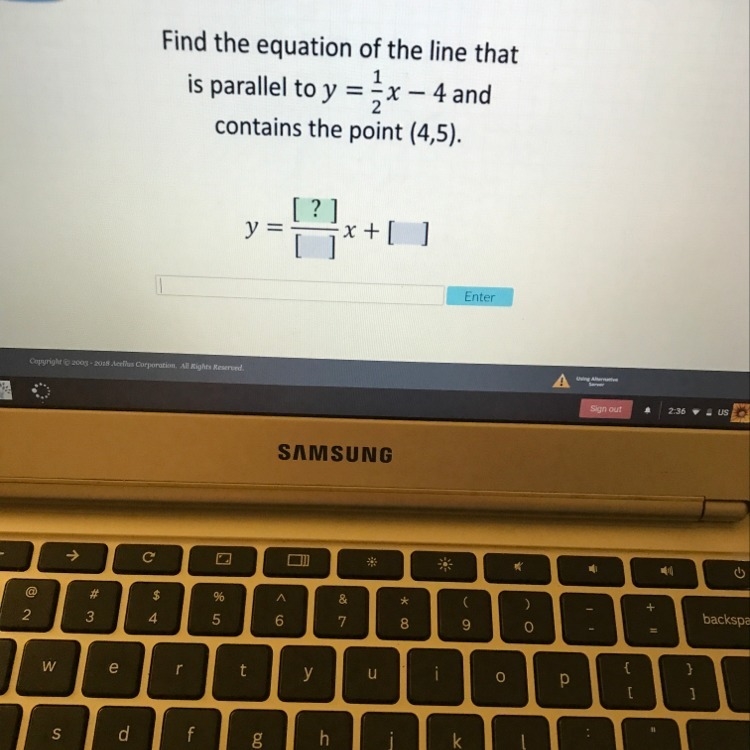 Find the equation of the line that is parallel to y=1/2x-4 and contains the point-example-1