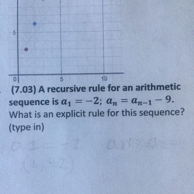 A recursive rule for an arithmetic sequence is a1=-2; an=an-1 -9 What is an explicit-example-1